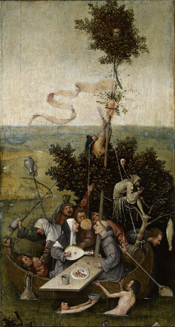 A small boat crowded with revellers eating, drinking and singing around a table, a leafy tree for a mast, with no one at the tiller.