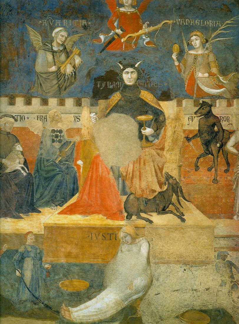 A horned figure of Tyranny sits enthroned, with winged Avarice, Pride and Vainglory hovering above him. Below the throne, the figure of Justice lies bound on the ground, her scales fallen beside her.