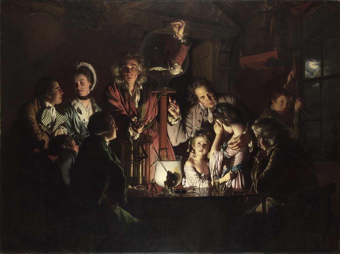 A candlelit room where a lecturer demonstrates a bird in a glass vacuum pump to a family whose faces show fascination, indifference and distress.